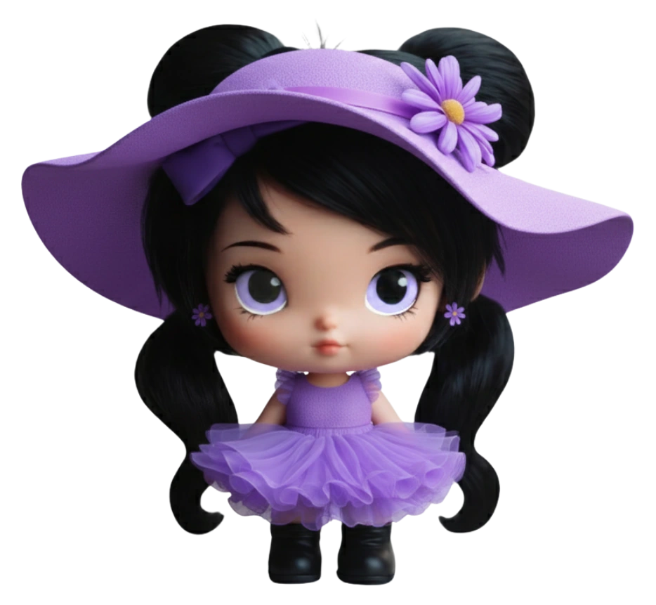 Amory in a lilac tulle dress and black boots, wearing a wide purple sun hat with a daisy