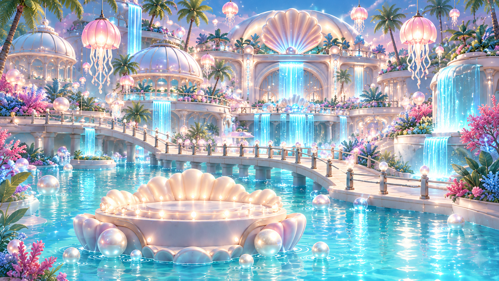 Azure Shores with pearly shell pavilions, waterfalls, and a shell-shaped platform above turquoise water