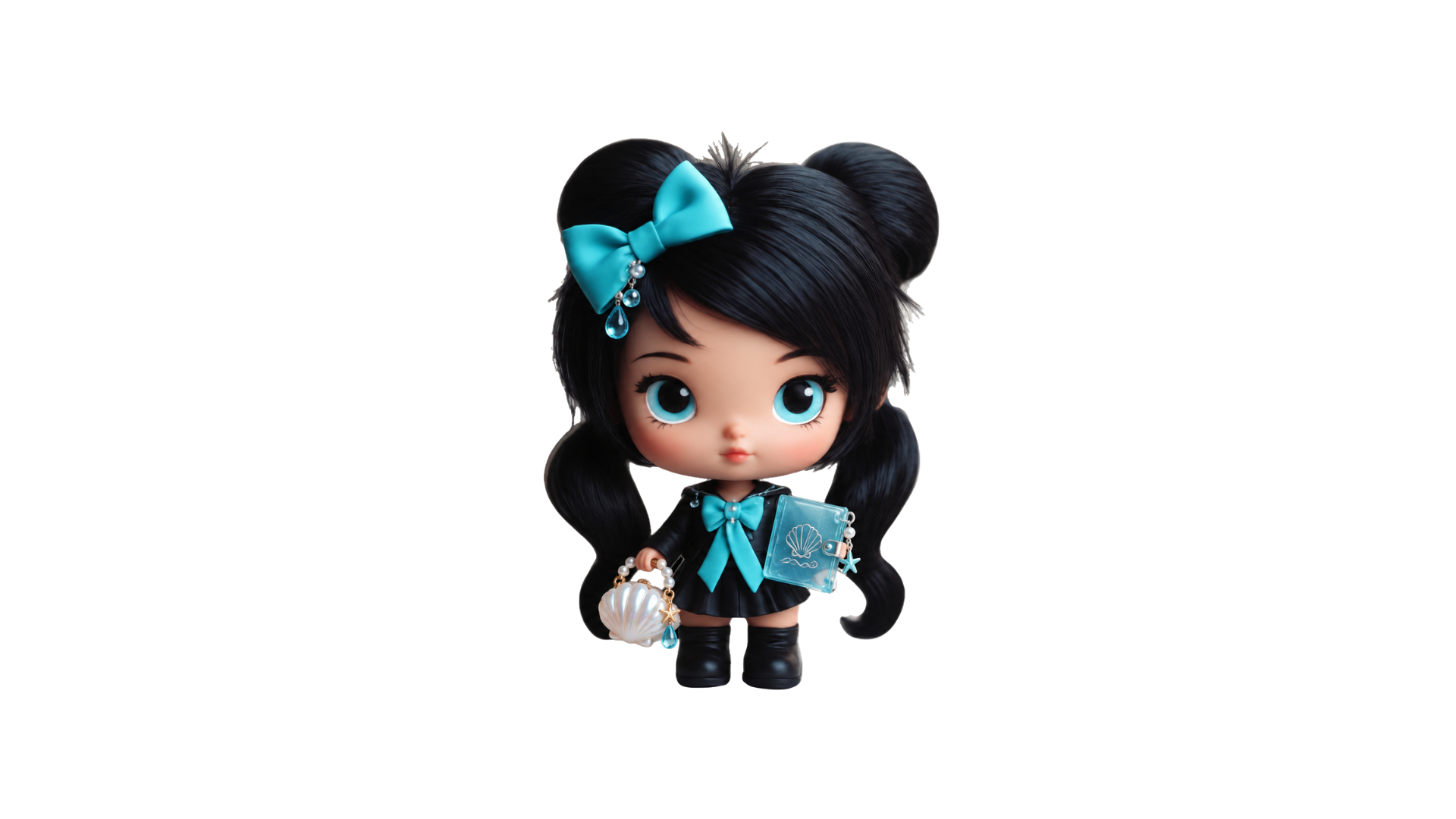 Azury Lu with her blue shell notebook, pearl shell bag, and sparkling blue bow