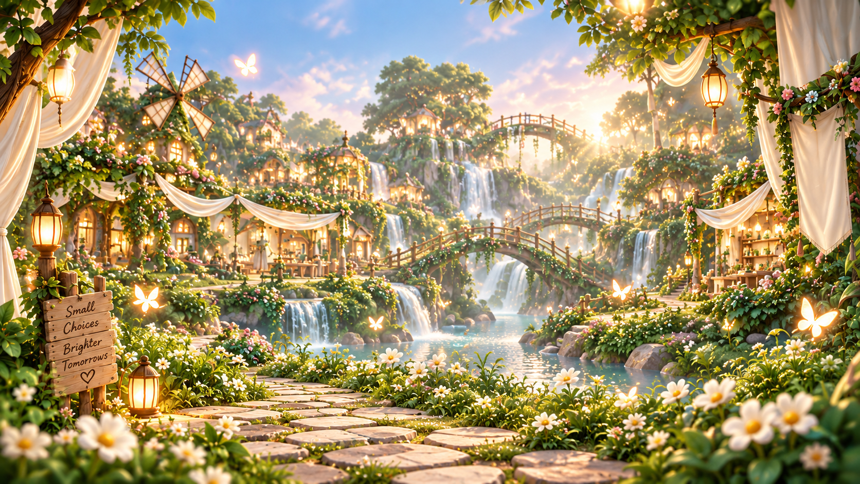 Breezy Glades, with flowering ateliers, windmills, waterfalls, and lanterns