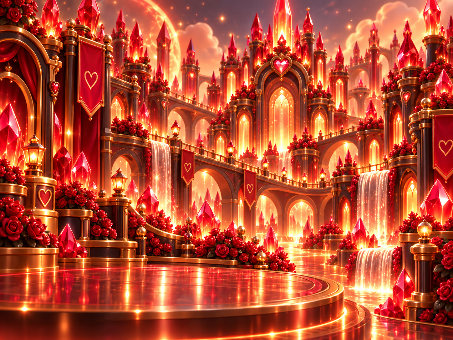 Ember Enclave’s glowing ruby towers, golden bridges, and red roses