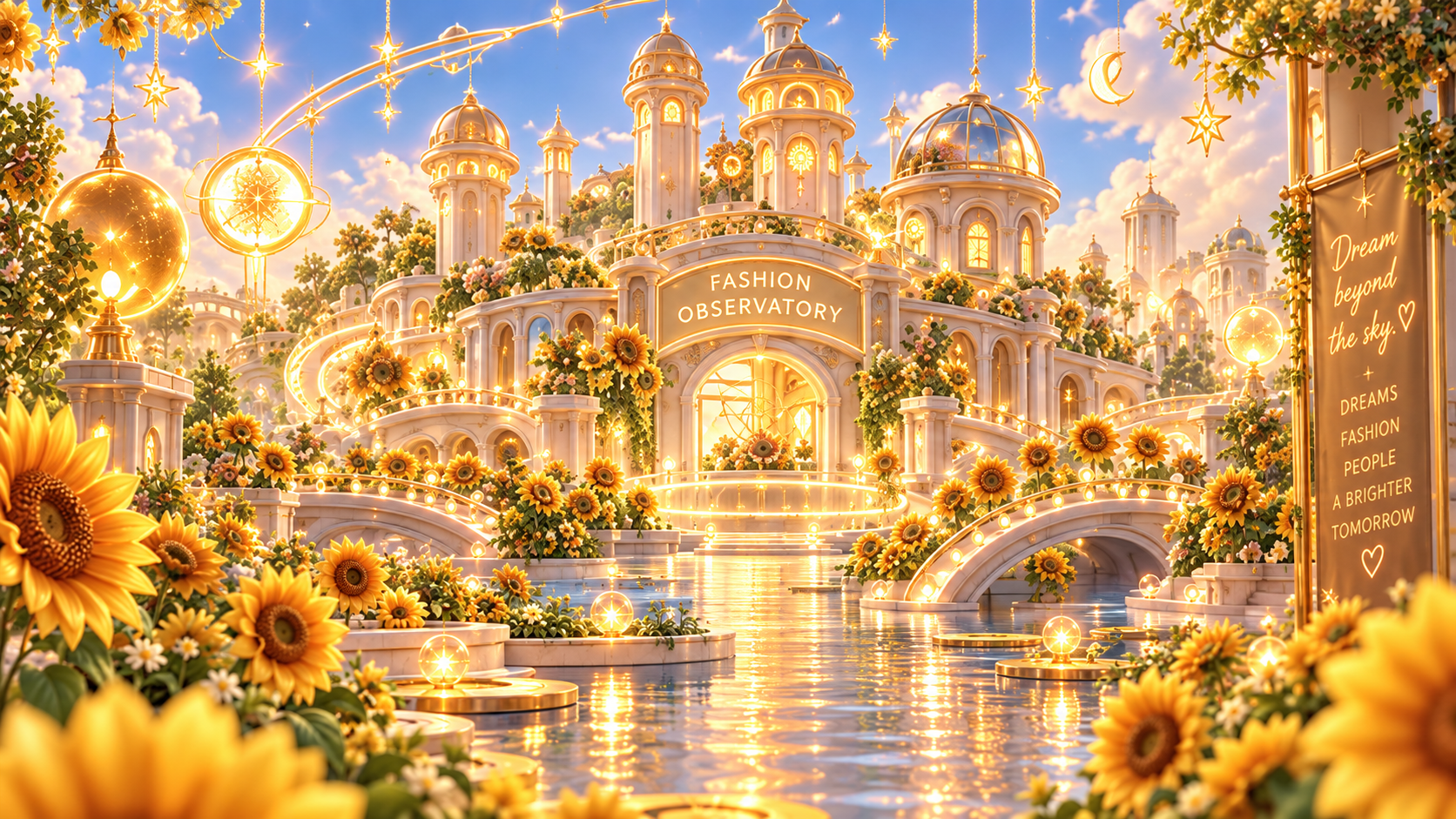 The Fashion Observatory, surrounded by sunflowers, glowing stars, and golden bridges