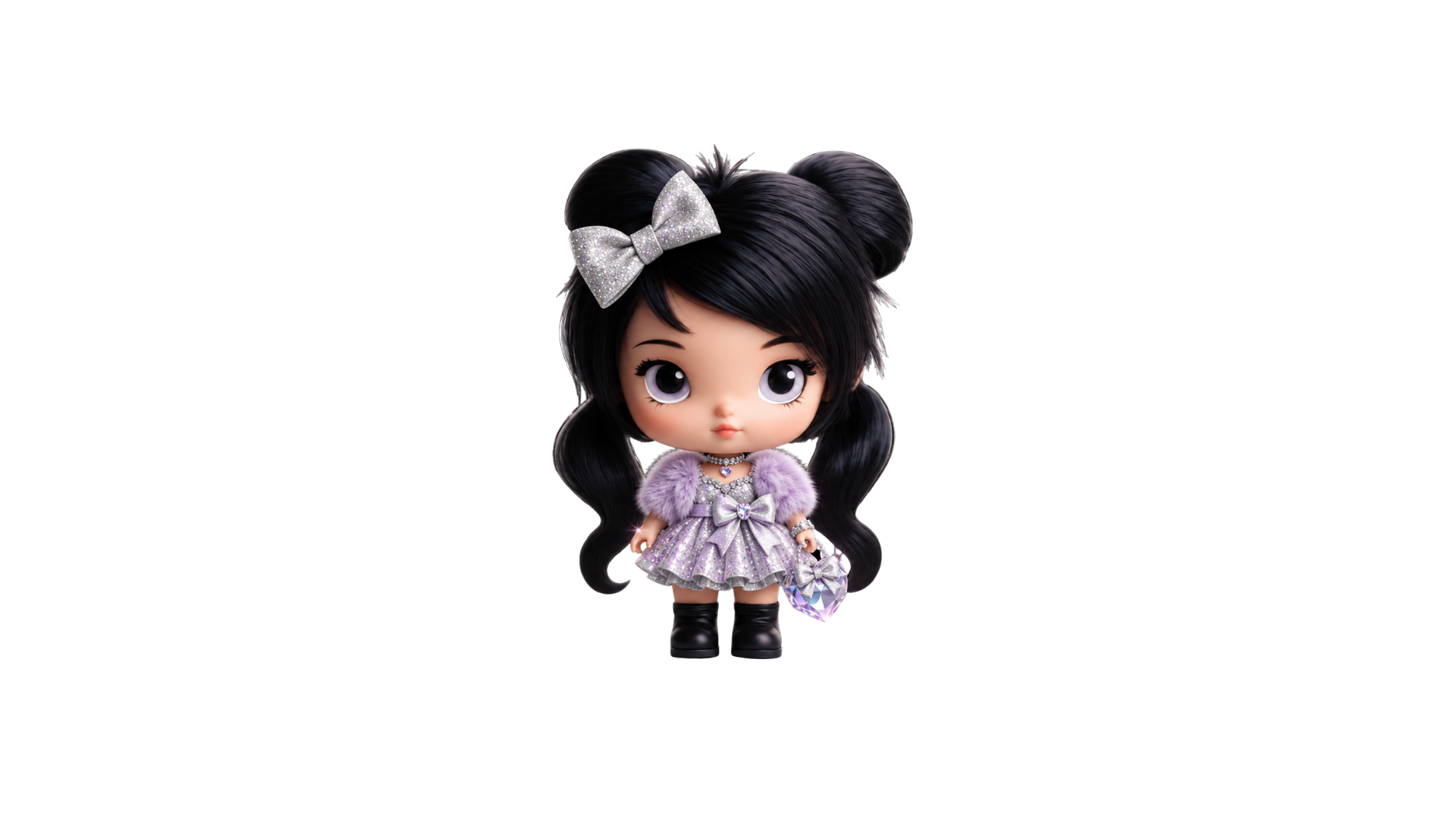 Glamy’Dazling wearing her silver-lilac dress and carrying a crystal heart bag
