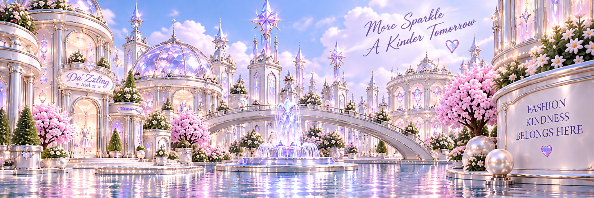 A crystal fountain and bridge surrounded by Glitterville’s sparkling boutiques
