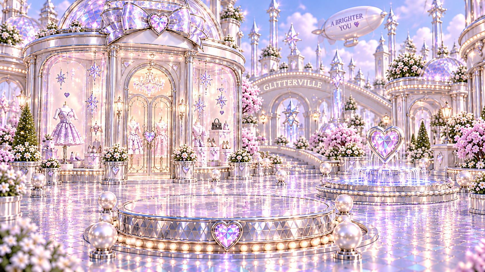 Glitterville’s crystal plaza, mirrored platform, and heart-shaped fountain