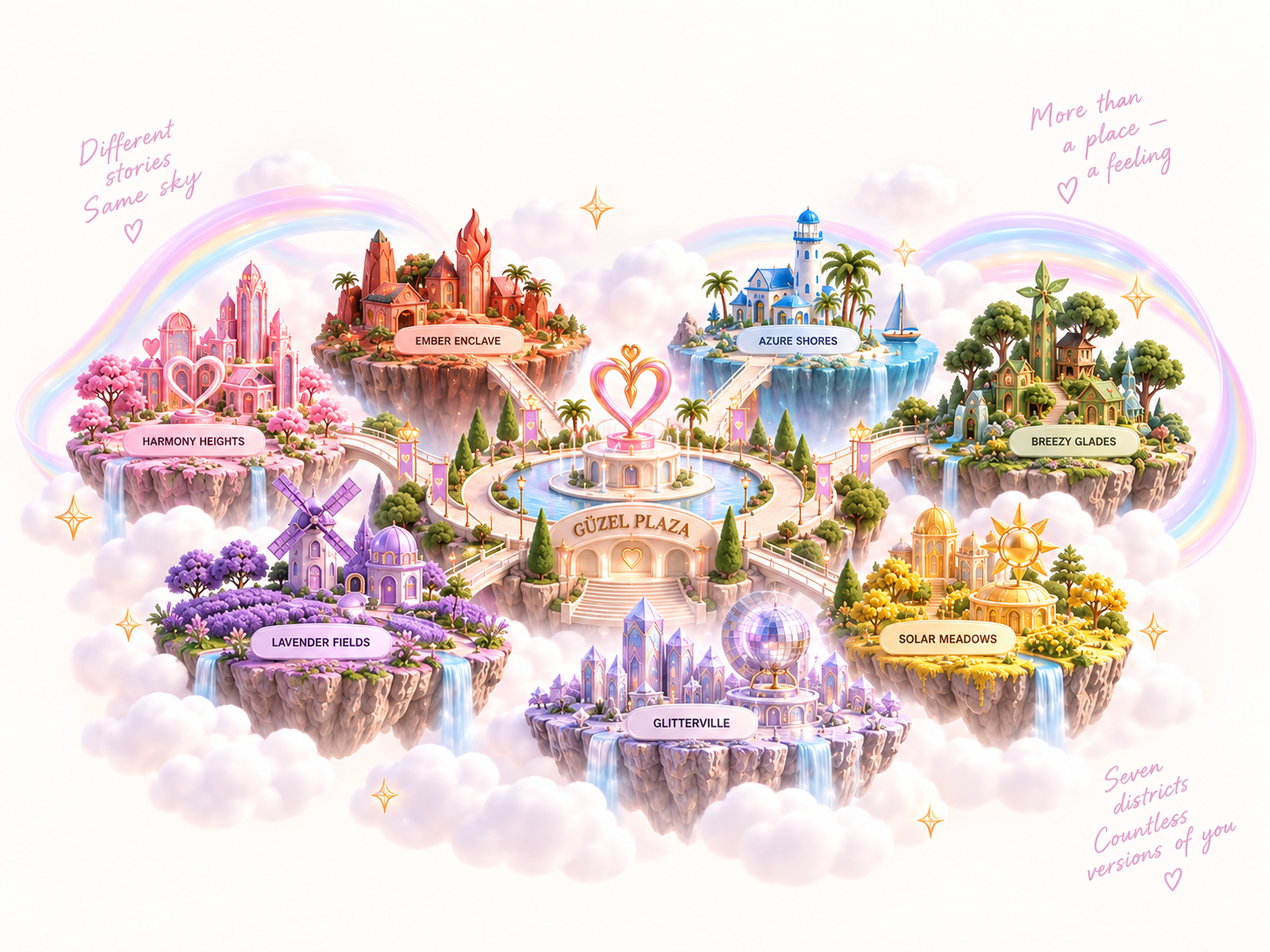 Güzel Plaza surrounded by seven colorful floating districts, rainbow bridges, and clouds. Different stories, same sky. More than a place, a feeling. Seven districts, countless versions of you.