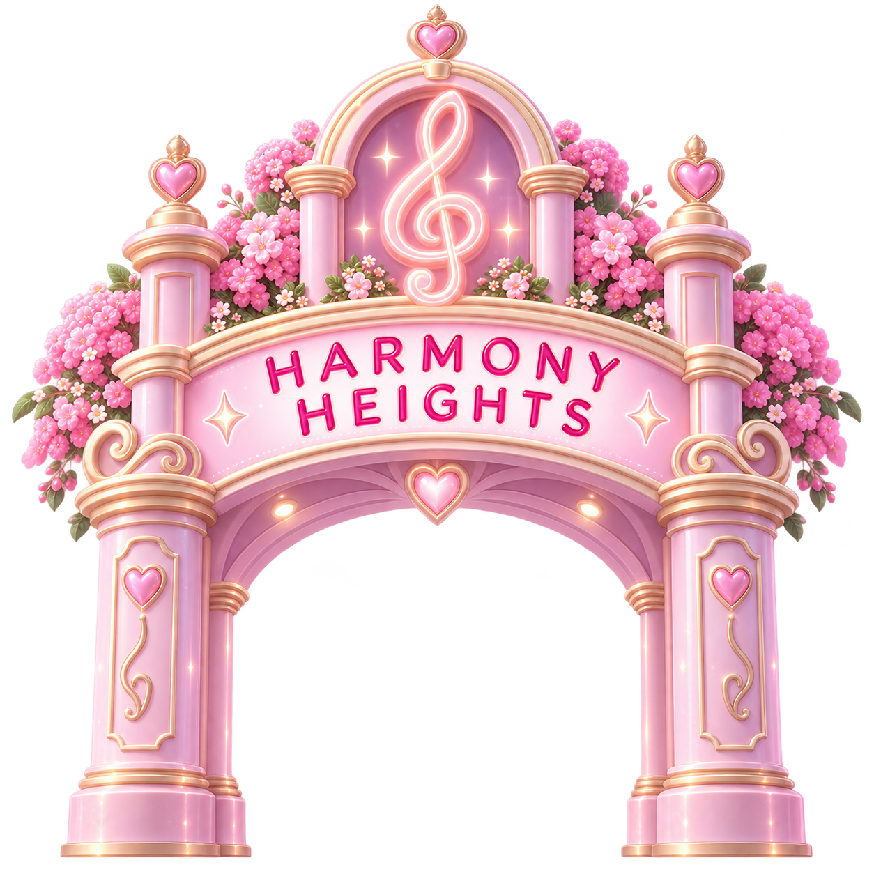 The flower-covered pink entrance arch to Harmony Heights