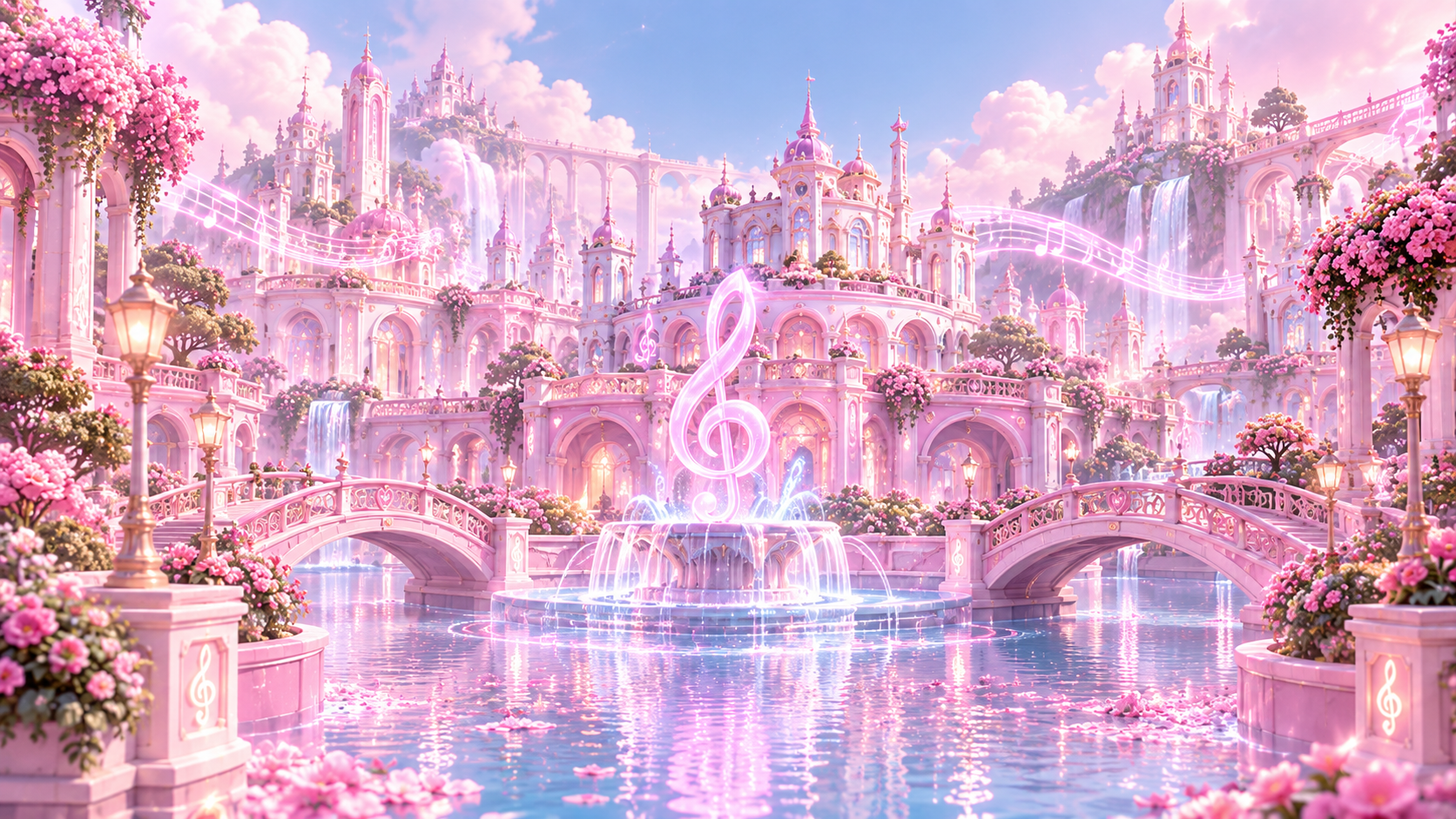 Harmony Heights, with a glowing treble-clef fountain, pink bridges, flowers, and waterfalls