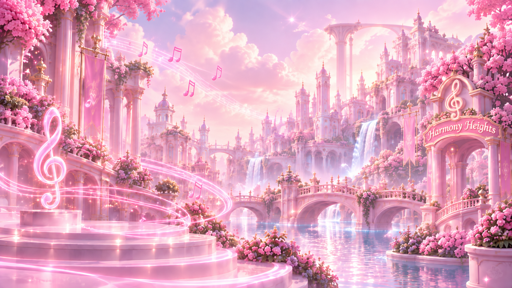 Pink palaces, flowering bridges, and glowing musical notes in Harmony Heights