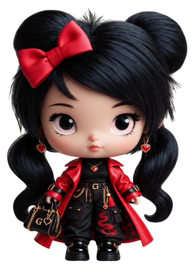 Luxy Sparks in her red leather trench coat, black dragon-print cargo pants, and gold heart chains, holding her G♡ handbag