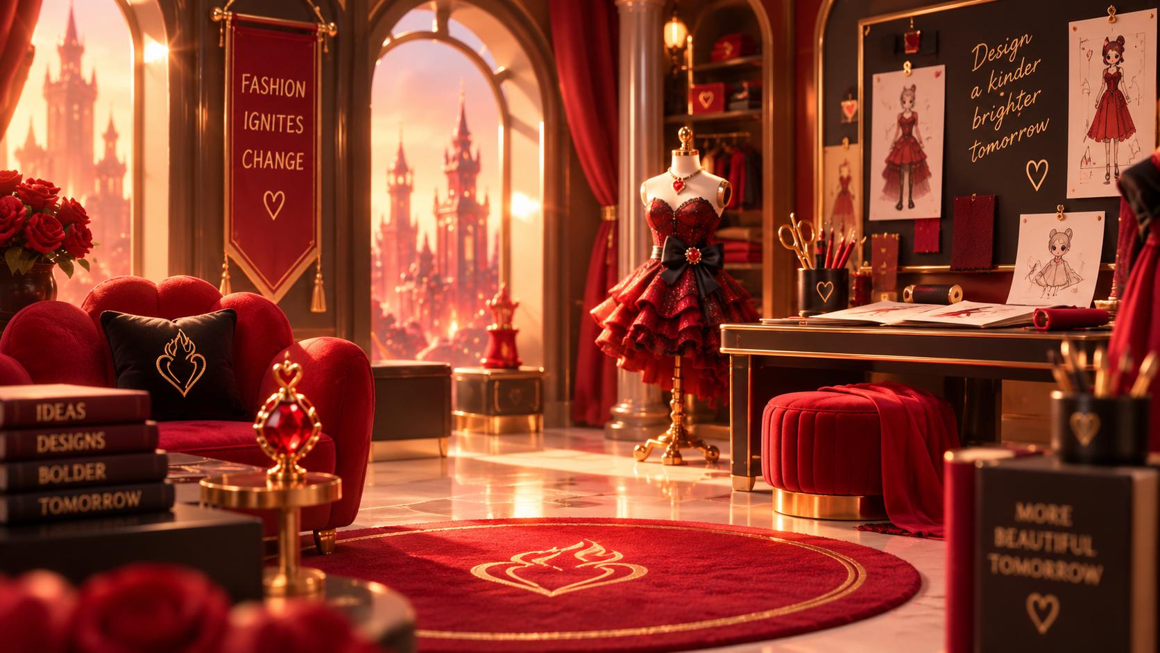 Luxy’s design studio with fashion sketches, a red dress, and a sunlit worktable