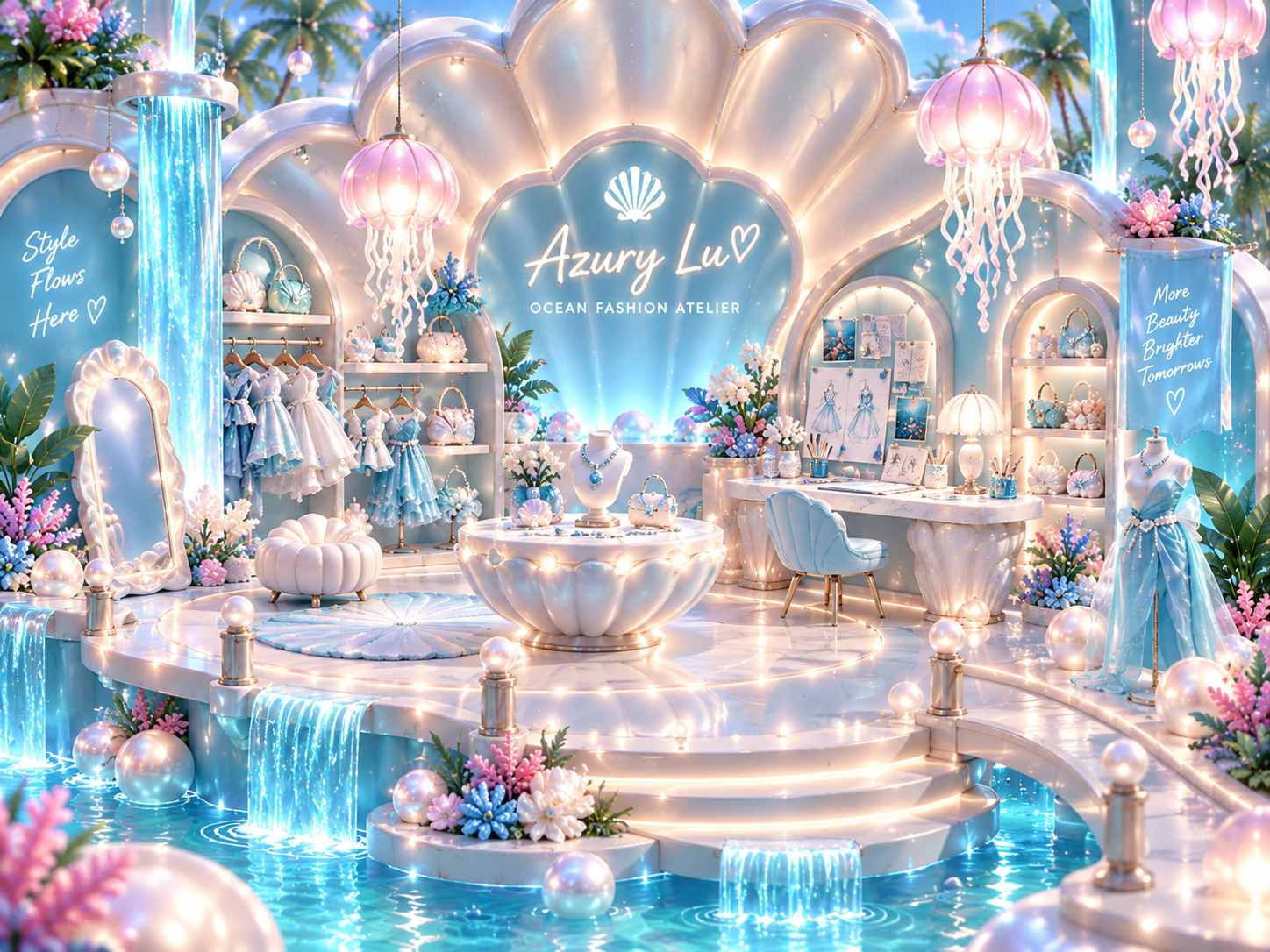 Azury’s Ocean Fashion Atelier with a shell-shaped backdrop, blue dresses, pearl accessories, and a sketching desk