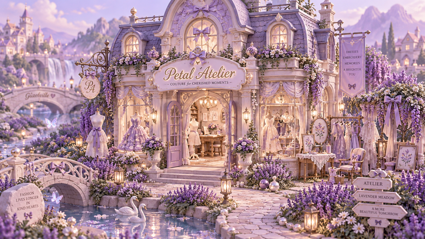 The Petal Atelier, Amory’s lavender couture workshop beside a stream