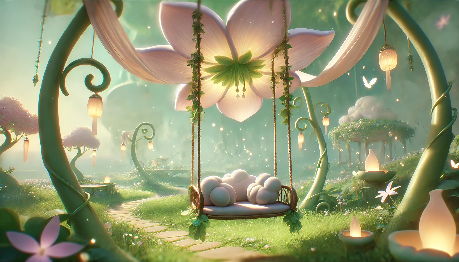 A floating flower-petal swing in Breezy Glades