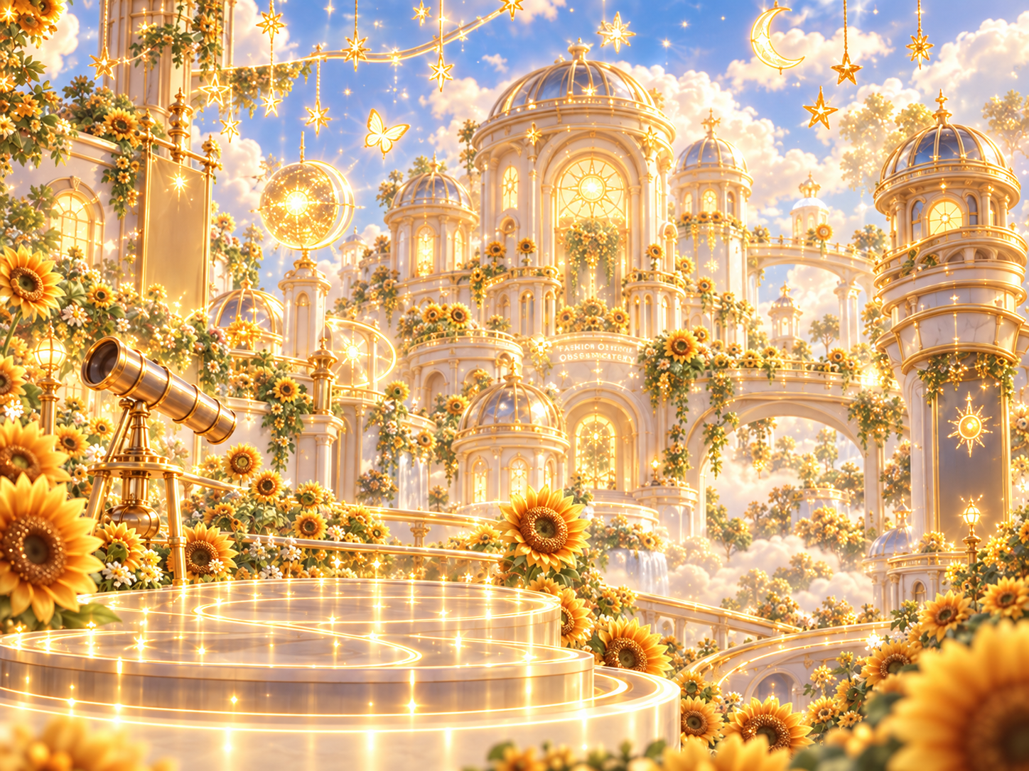 Solar Meadows, a golden world of sunflowers, telescopes, and glass-domed towers
