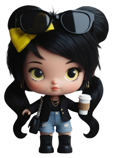 Stary Bliss in a black blazer, denim shorts and boots, with a yellow bow, sunglasses pushed up on her hair, and a coffee cup